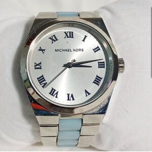 Michael Kors Watch ⌚️ Silver w/ Baby Blue Center Stripe Band, Roman Numeral Face